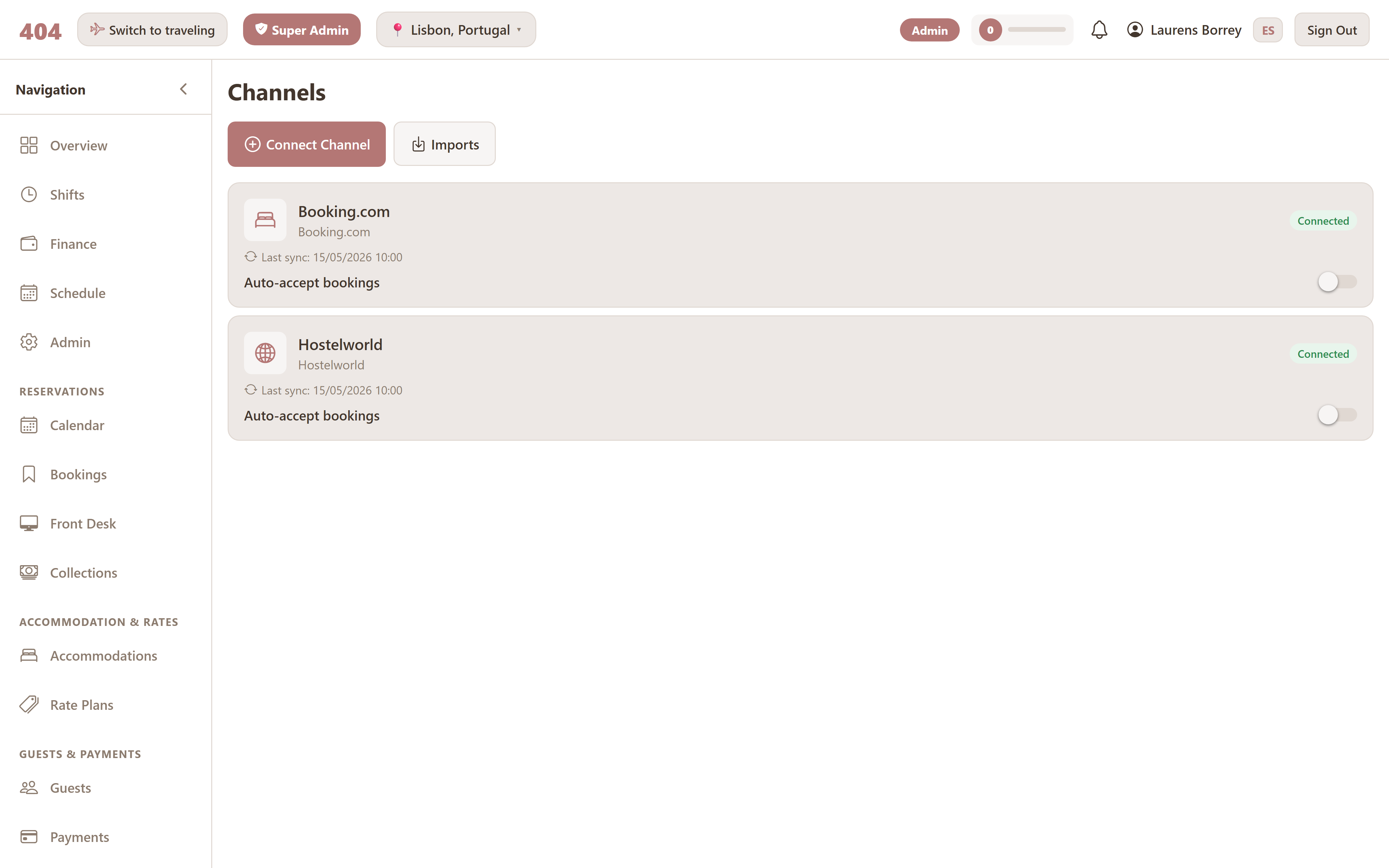Channels page showing connected OTAs