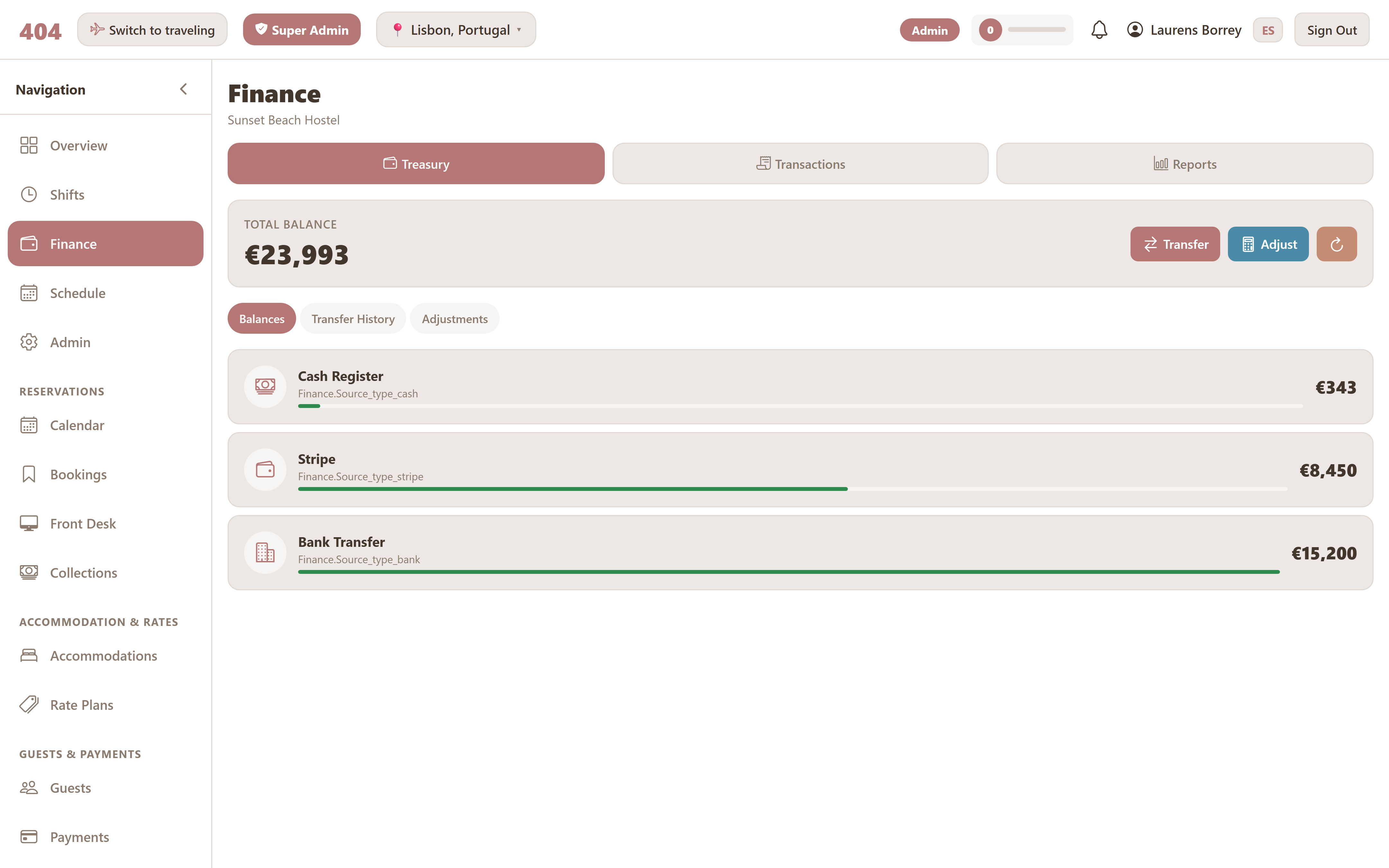 Travel404 finance — transactions view
