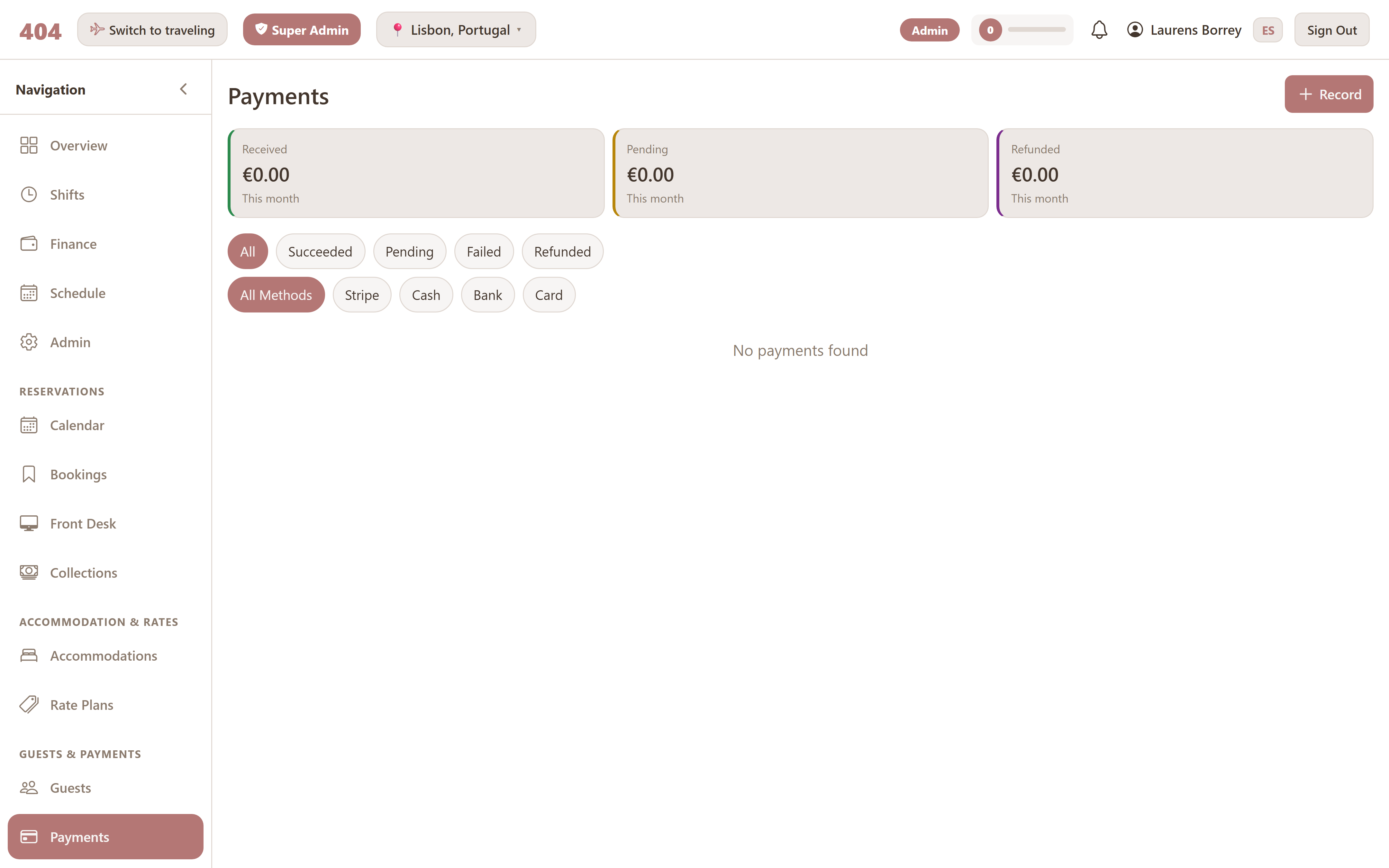 Payments screen
