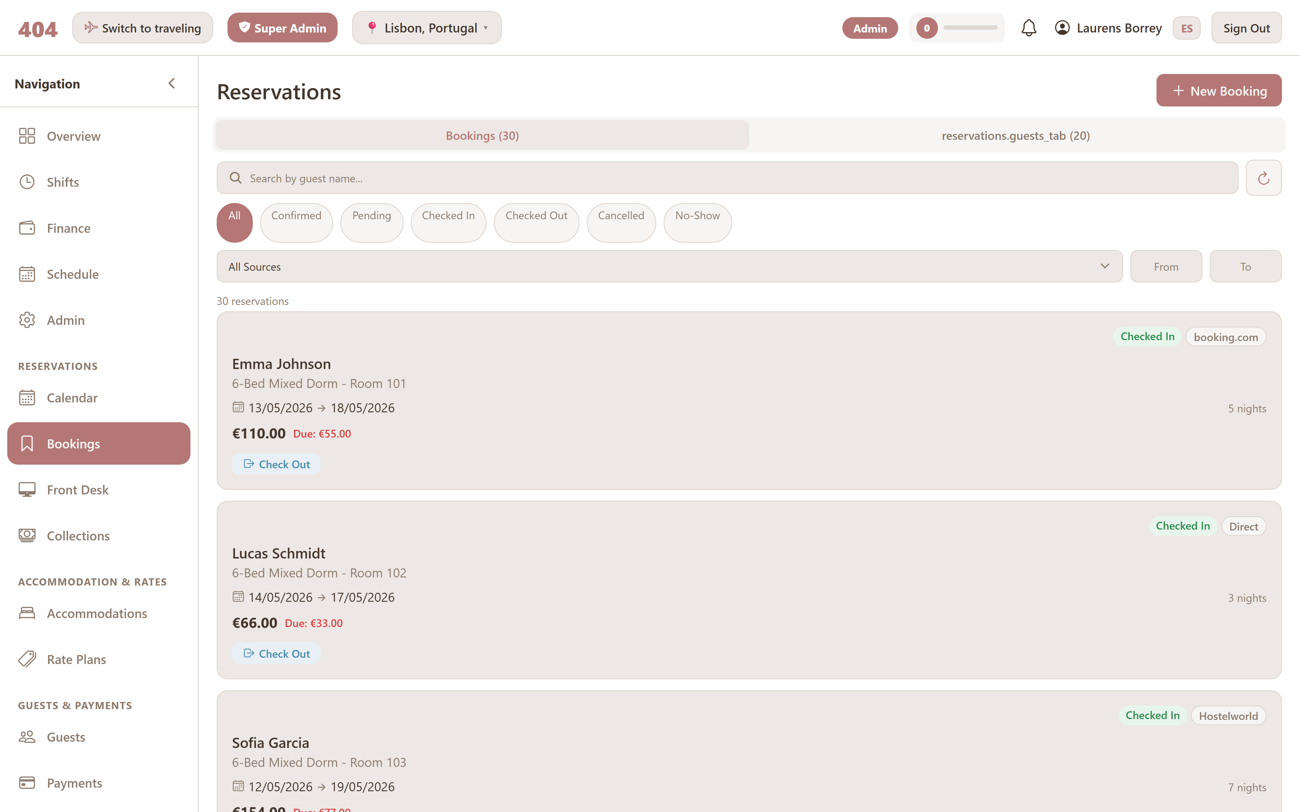 Bookings list
