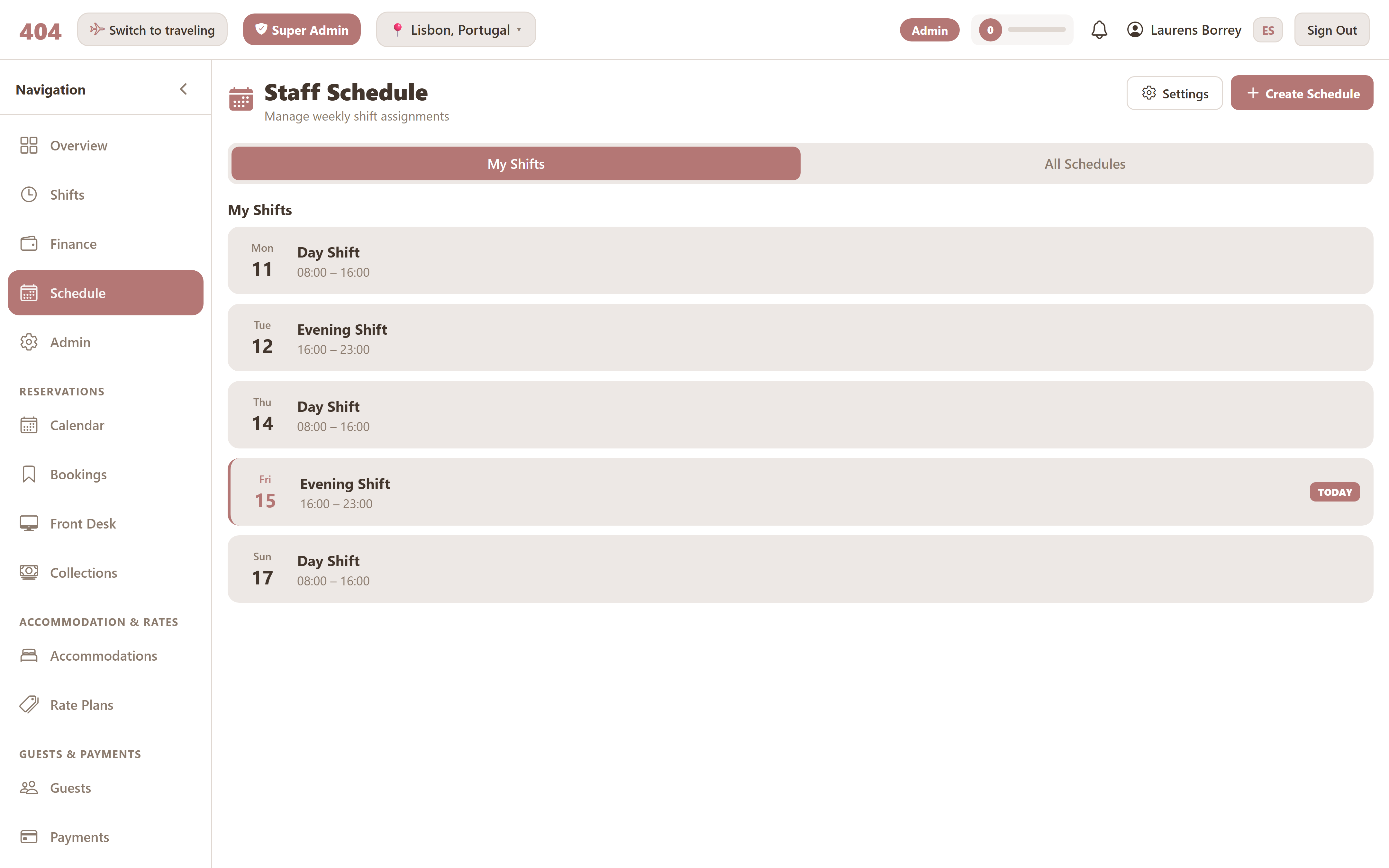Travel404 weekly schedule view